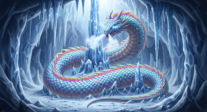 Iridescent ice serpent coiled in a frozen crystal cave