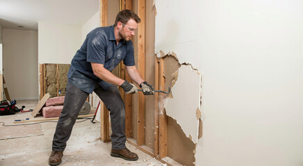 Fototapeta premium Man wearing safety glasses using crowbar to remove drywall from wooden studs. Male contractor tearing down interior wall during home demolition and remodeling