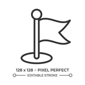 Flag on pole line icon. Marking important point reaching. Business success strategy. Achievement reward. Isolated vector illustration. Outline symbol. Simple linear drawing. Editable stroke