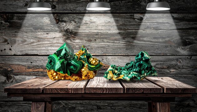 Vibrant malachite and pyrite mineral samples displayed on a rustic wooden surface under spotlights