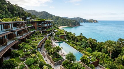 Naklejka premium Luxury tropical resort with infinity pool overlooking ocean