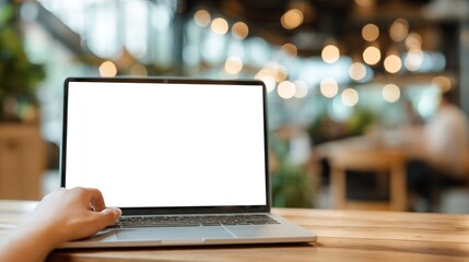 Fototapeta premium Laptop and hand on wooden table