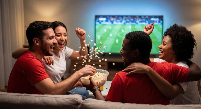 Excited diverse friends throwing popcorn while laughing and celebrating a soccer match on television at home