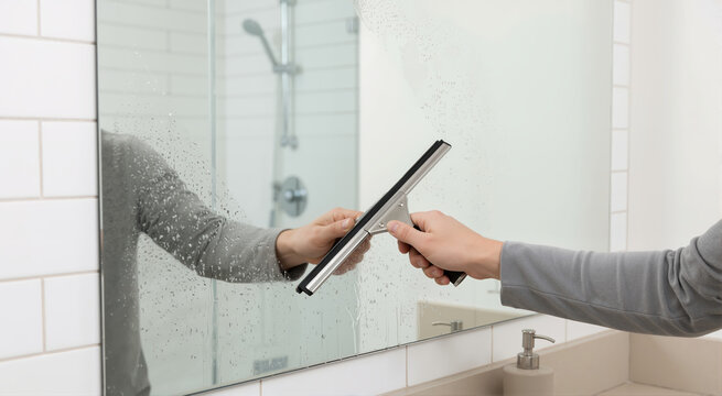 Hand using a squeegee to clean a bathroom mirror. Household cleaning task. Glass maintenance