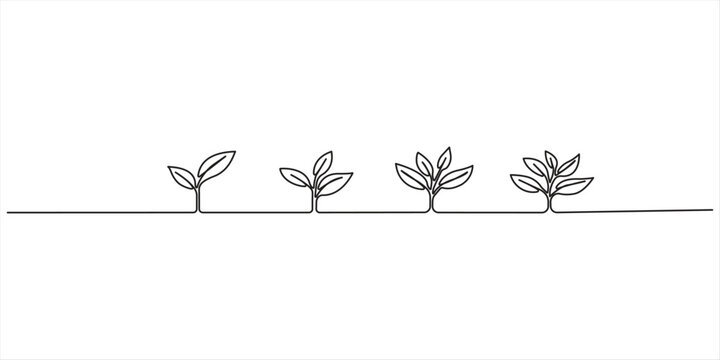 Continuous one line drawing of Little green seedlings growing. Single line drawing illustration of Seed germination in soil. Plant growth steps concept vector art. Doodle line illustration. 