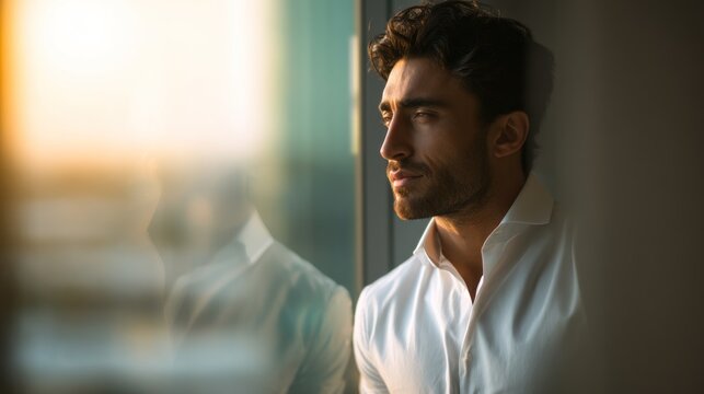 Man near window sunlight and reflection