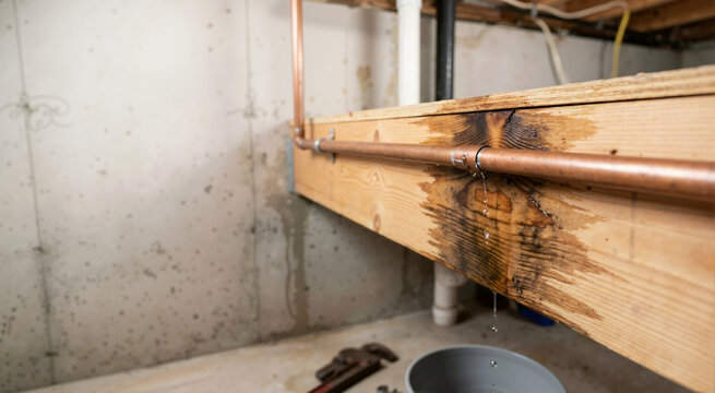 Close up of a leaking copper pipe causing water damage to a wooden joist. Water dripping from plumbing joint into a bucket in a basement. Home maintenance and repair concept