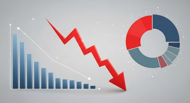 Red arrow falling across bar chart and pie chart