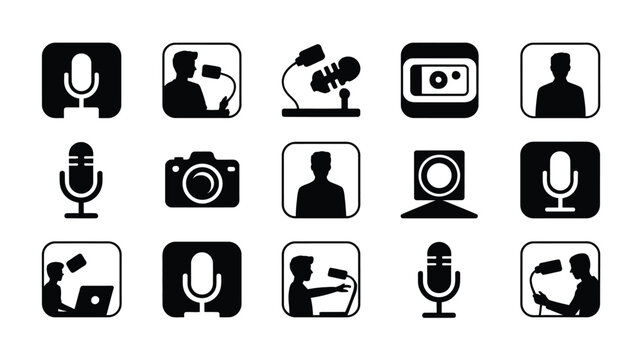 Social media creator and influencer logos with microphones cameras and recording equipment in black silhouette on white background
