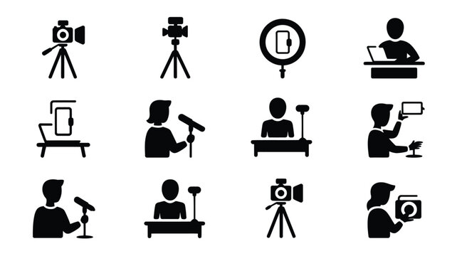 Content creator setup icons with silhouettes of people recording videos and podcasts