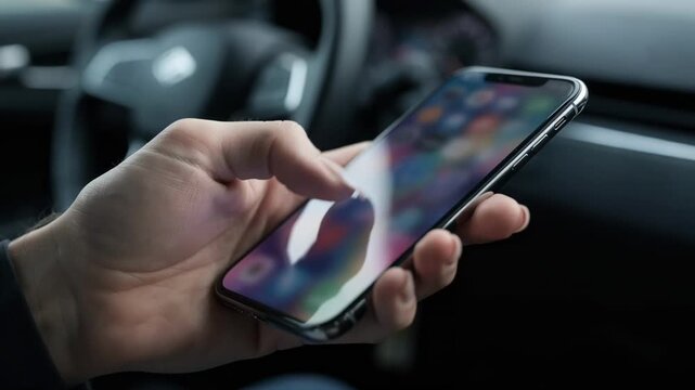 Closeup on a hand tapping a mobile screen to purchase shortterm insurance just before starting a car rental focusing on vibrant phone display against a dimmed environment.