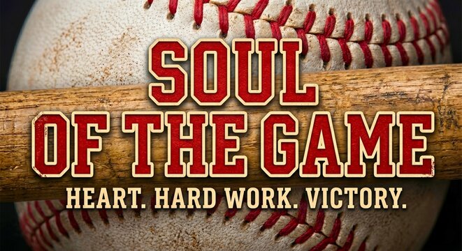 Inspirational sports design showing baseball bat, ball, and motivational text Soul of the Game Heart Hard Work Victory