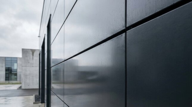 Sleek dark metal exterior cladding with geometric lines, showcasing modern architectural design and urban sophistication.