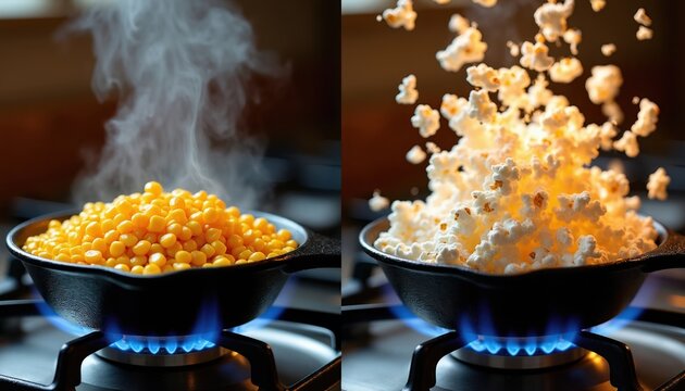 Corn kernels pop into fluffy popcorn in black cast iron pan on gas stove. Transformation from raw grain to hot snack. Closeup of process in kitchen.