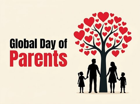 Elegant celebration poster for Parents Day displaying a black family silhouette under a tree of hearts on cream background.