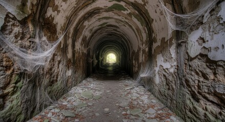 Obraz premium Crumbling abandoned tunnel with cobwebs, dust, and peeling paint leading to a distant light