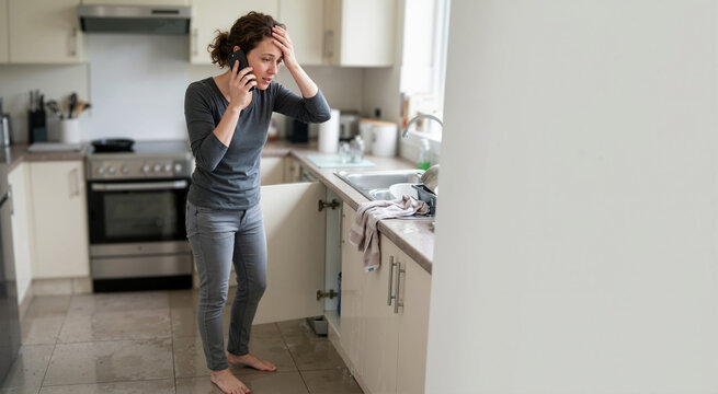 Stressed woman standing barefoot in a flooded kitchen calling for help on her phone. Frustrated homeowner dealing with a severe plumbing leak and water damage. Emergency repair concept