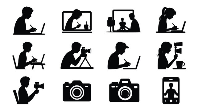 Creative professionals working on laptops and cameras in silhouette blogging and vlogging icons