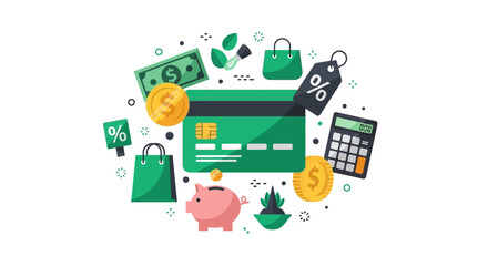 Fototapeta premium Green Credit Card and Financial Icons Flat Illustration for E-commerce, Personal Finance Management, Savings, and Sustainable Shopping Concepts