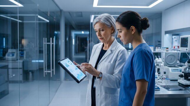 Senior doctor and young nurse reviewing medical data and patient charts on digital tablet in modern futuristic hospital laboratory setting