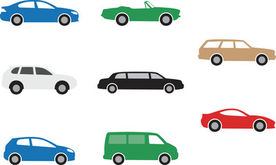 Fototapeta premium Flat Car Silhouette Vector Collection Featuring Sedan, SUV, Wagon, Convertible and Sports Car Icons for Modern Design