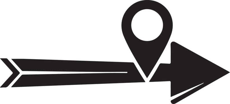 Black map pin icon with long arrow pointer on white background