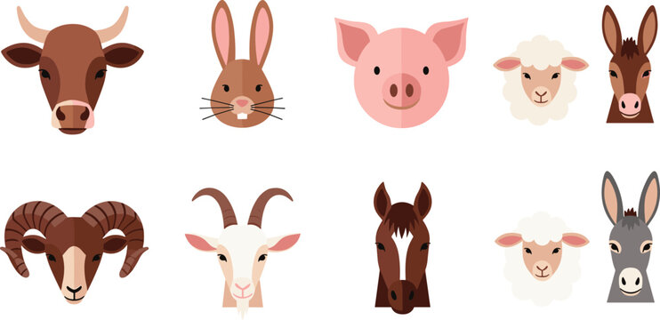 Cute Flat Style Farm Animal Face Set Featuring Cow, Rabbit, Pig, Sheep, Horse, Goat, Ram, and Donkey Vector Illustration Collection