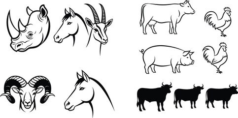 Black and White Animal Head and Full Body Silhouette Set Featuring Farm and Wild Animals Including Rhino, Horse, Cow, and Pig Vector © mdnazrul