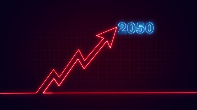 Red neon line graph with upward trend and year 2050. Futuristic long-term growth forecasting projection visualization.