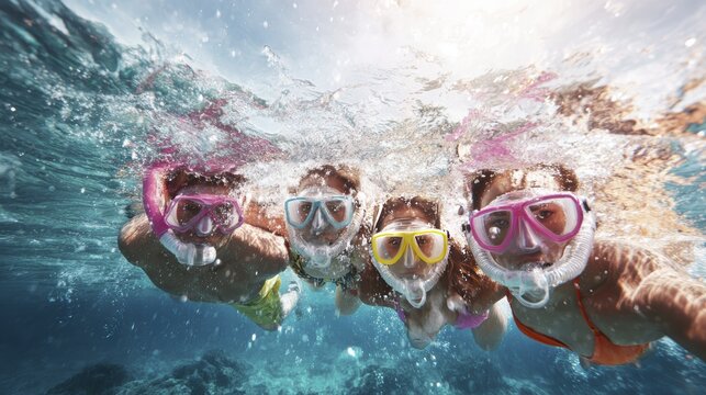 Group of friends enjoying summer snorkeling adventure in tropical waters