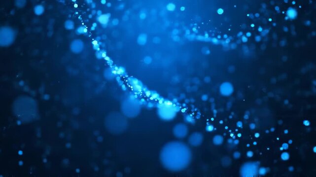Abstract blue glowing particles drift and swirl in dark cosmic background
