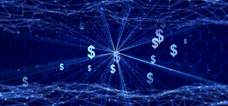 shiny light rays, dollar signs and digital grid on hexagramm background, concept for futuristic finance technology, stablecoin and blockchain