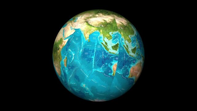 Rotating 3 d earth globe with detailed ocean floor topography and bathymetry map planet rotation