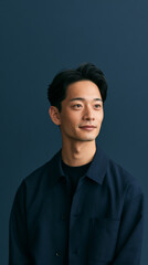 Obraz premium healthcare portrait with cinematic lighting, luxury clinic advertising concept with japanese male model, dark navy studio healthcare branding aesthetic