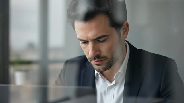 Focused businessman in suit working on laptop in modern office environment