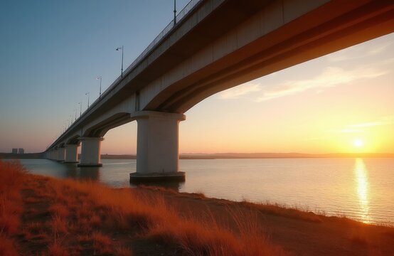 Concrete bridge spans wide river at sunset. Golden light reflects on calm water below massive structure. Tall pillars support roadway above grassy bank. Scenic landscape shows engineering marvel,