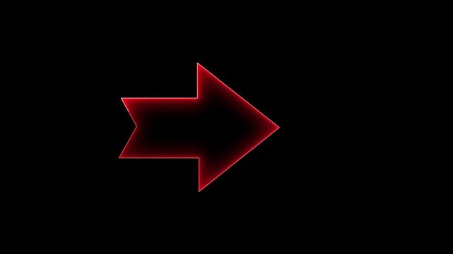 Glowing red neon arrow sign pulsing on black background, digital directional indicator for ui and motion