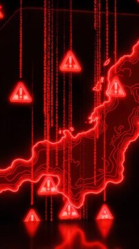 Red Neon Map of Japan with Digital Matrix and Warning Signs, Cyber Security Threat Alert Concept