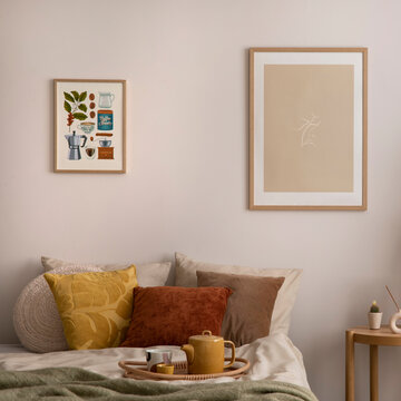 Cozy bedroom interior with warm colors, decorative elements, and a comfortable bed, perfect for relaxation and home decor