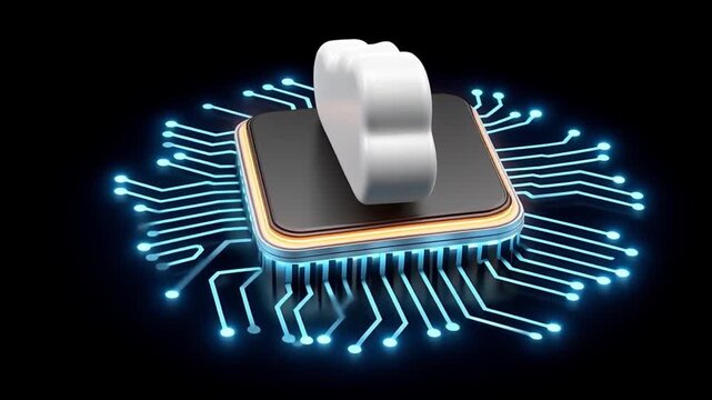 Cloud chip floating cloud with AI and blockchain technology concept, glowing circuit board and connected floating cloud computing