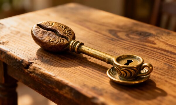 A vintage key shaped like a coffee bean, with a tiny coffee cup as the keyhole, resting on a wooden table, symbolizing the unlocking of coffee's rich flavors and aromas
