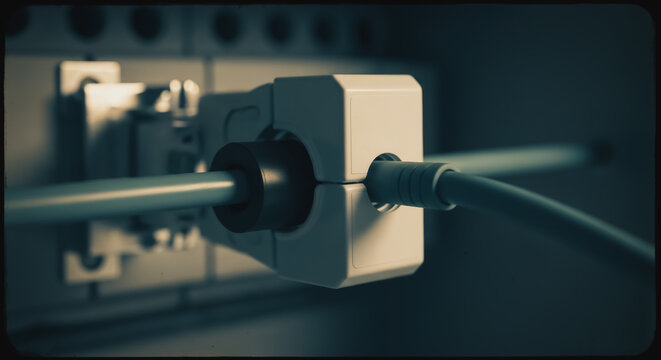 Industrial data cable with ferrite core and plastic connector in a technical setting representing signal protection and connectivity.