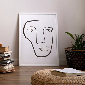 Minimalist Line Art Face Poster in Contemporary Interior Design with Books and Plant, Neutral Tones