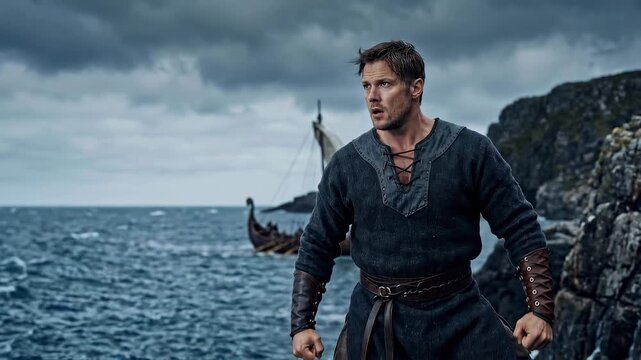 Tracking shot of viking warrior bracing against crashing waves on rocky coastal cliff with longship approaching in storm