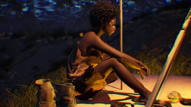 3D CGI Cinematic Human Evolution - Side View Close Up of Prehistoric Cavewoman with Curly Hair Sitting by Campfire, Archaic Early Human Tribe Member Night Footage.