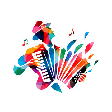 Colorful accordion musician with geometric sound fragments