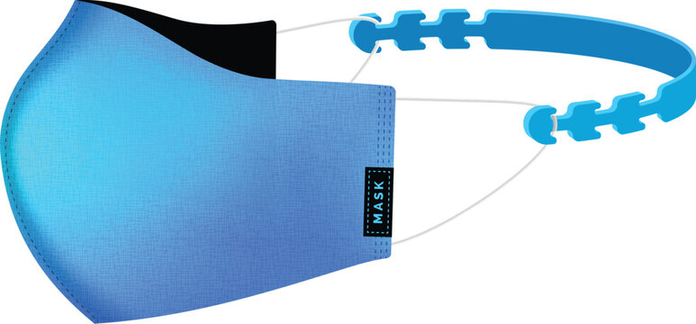 Blue reusable fabric face mask with adjustable silicone ear loop extender strap icon vector