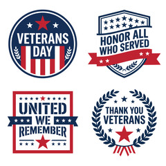 Naklejka premium Veterans Day Logo Bundle with Honor All Who Served Theme, Patriotic Veterans Day Emblem Collection with Wreath and Shield, American Military Tribute Badge Set for Veterans Day