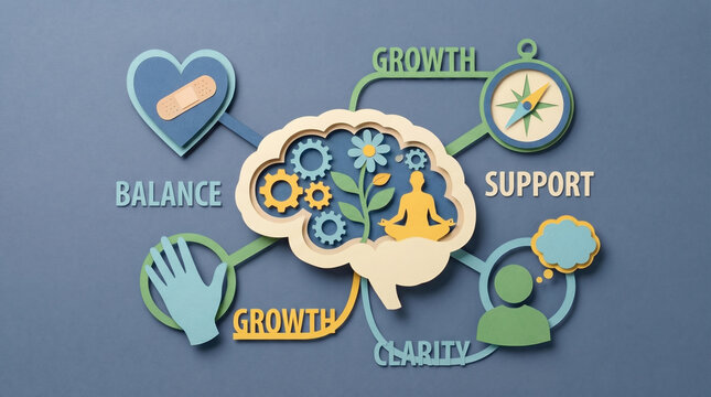 Colorful paper illustration showing mindfulness, healing, guidance, and personal development
