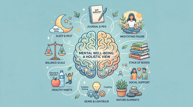Holistic mental wellbeing infographic with healthy daily habits